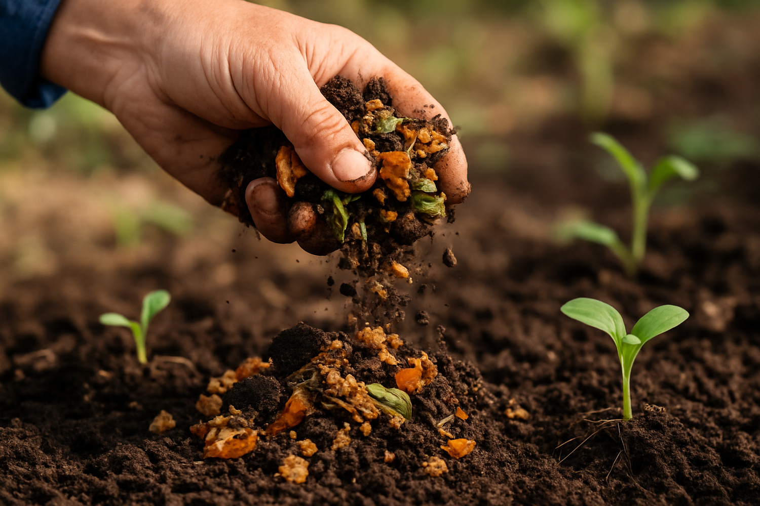 Don't include a full person, just have a hand with the organic fertiliser adding it to the soil